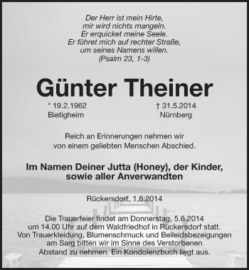Traueranzeige von Günter Theiner von Pegnitz-Zeitung